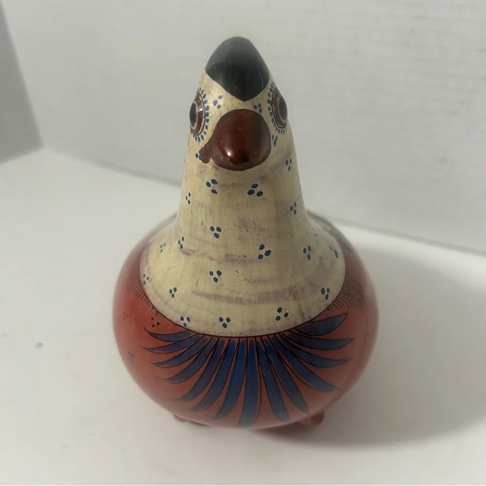 VTG Tonala Terracotta Bird Floral Blue Hand-Painted Bird Figurine
